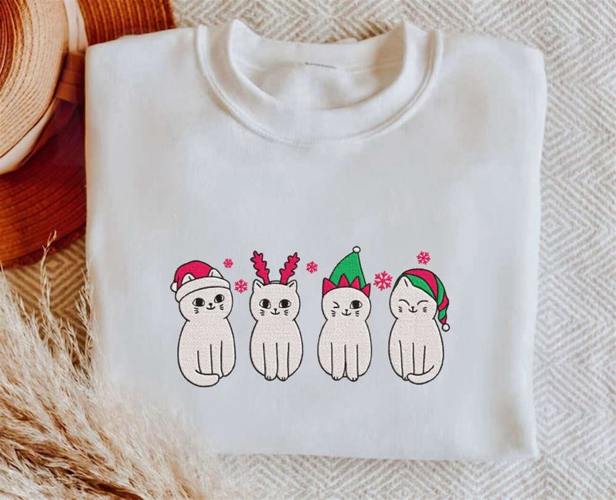 Christmas Cat Sweatshirt Embroidered Meowy Christmas