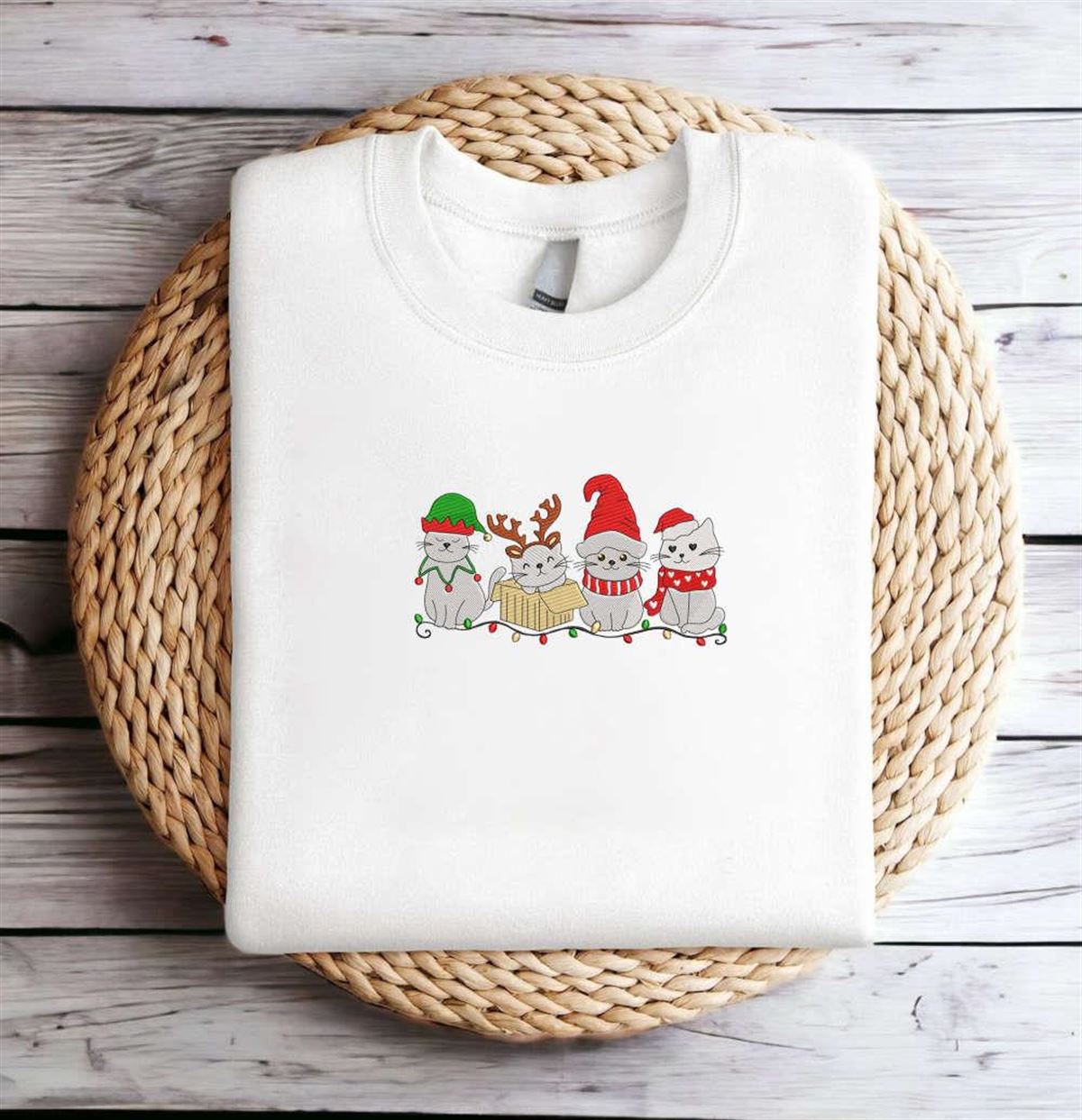 Christmas Cat Sweatshirt Embroidered Meowy Santa