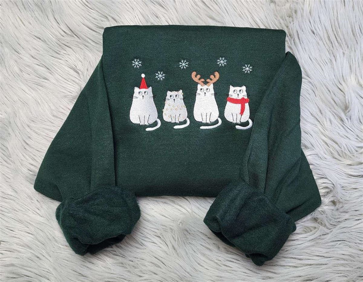 Christmas Cat Sweatshirt With Embroidered Meowy Happy Cat