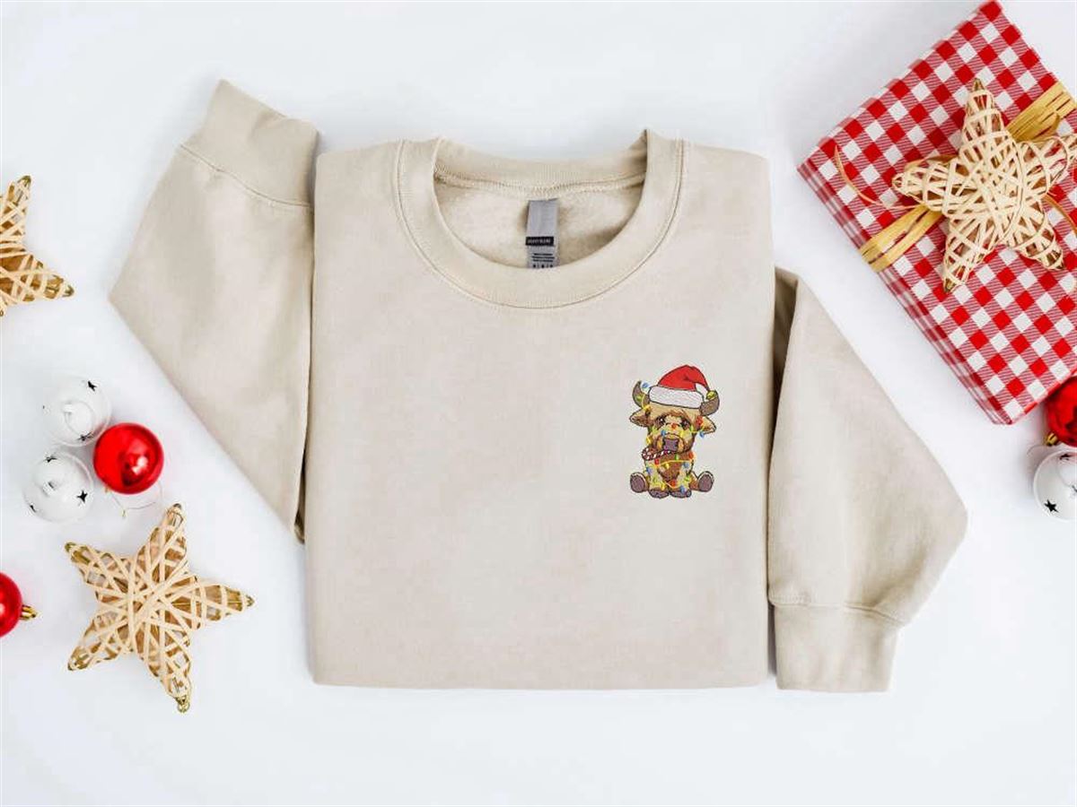 Christmas Cow Sweatshirt Highland Cow Embroidered