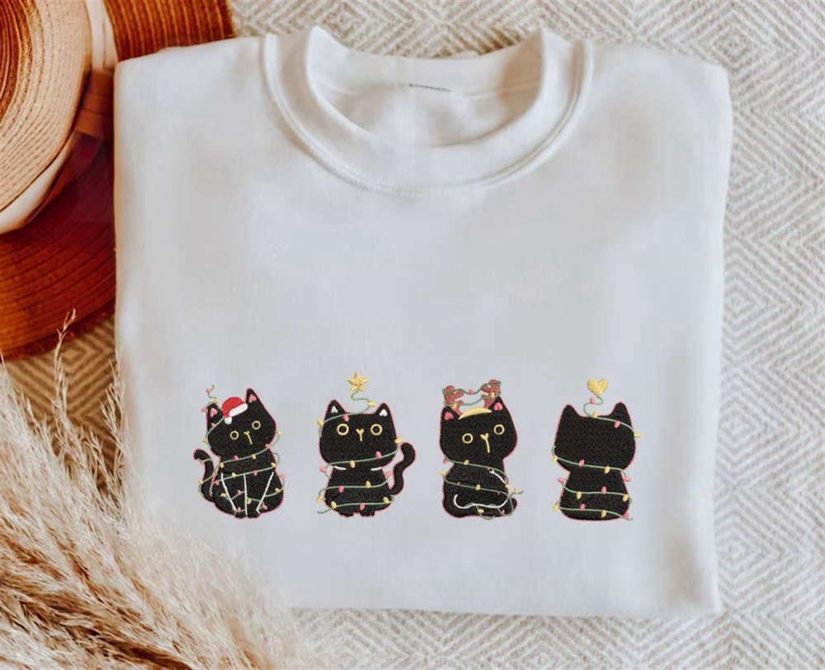 Christmas Embroidered Black Cat Meowy Sweatshirt