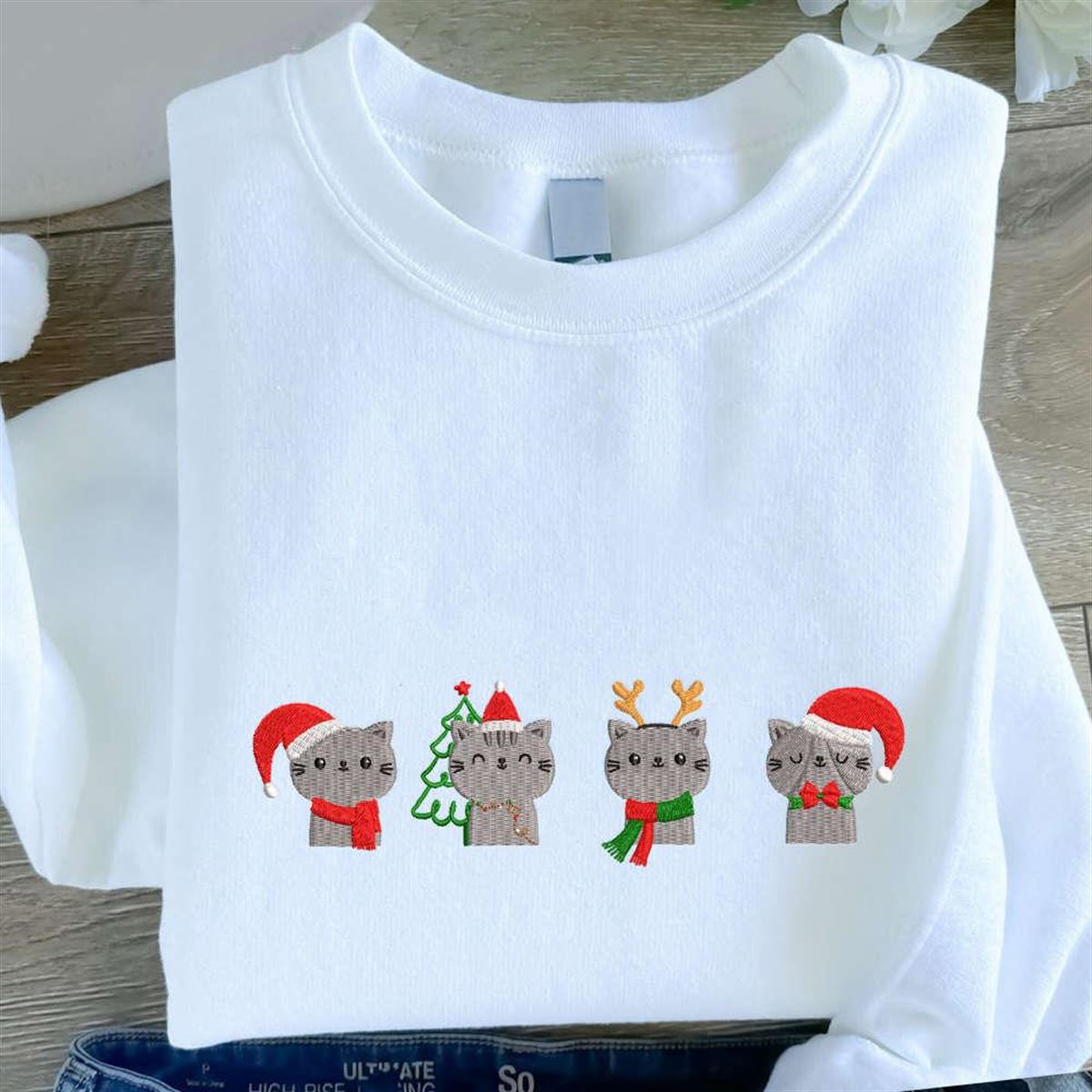 Christmas Embroidered Cat Sweatshirt