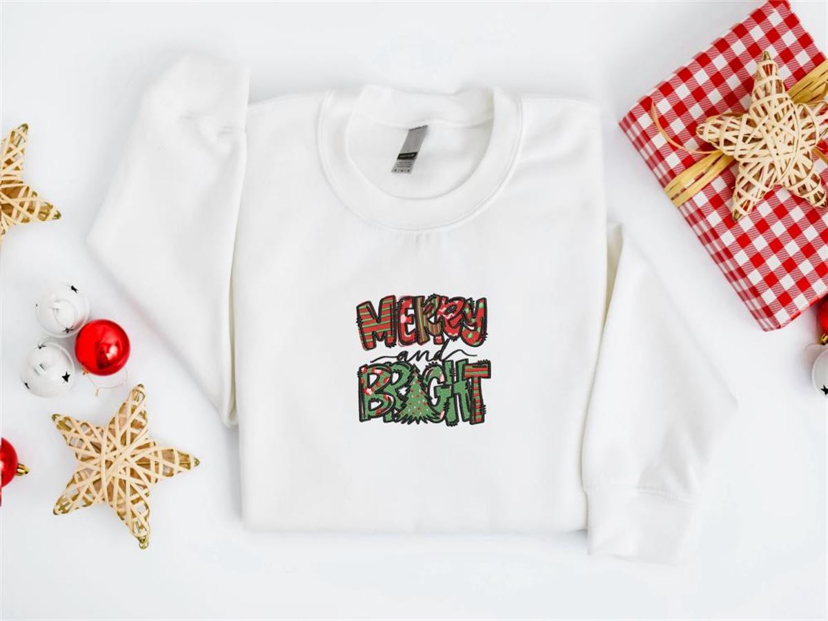 Christmas Sweatshirt Embroidered Merry And Bright