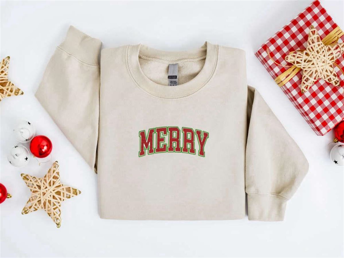 Christmas Sweatshirt Merry Christmas Embroidered