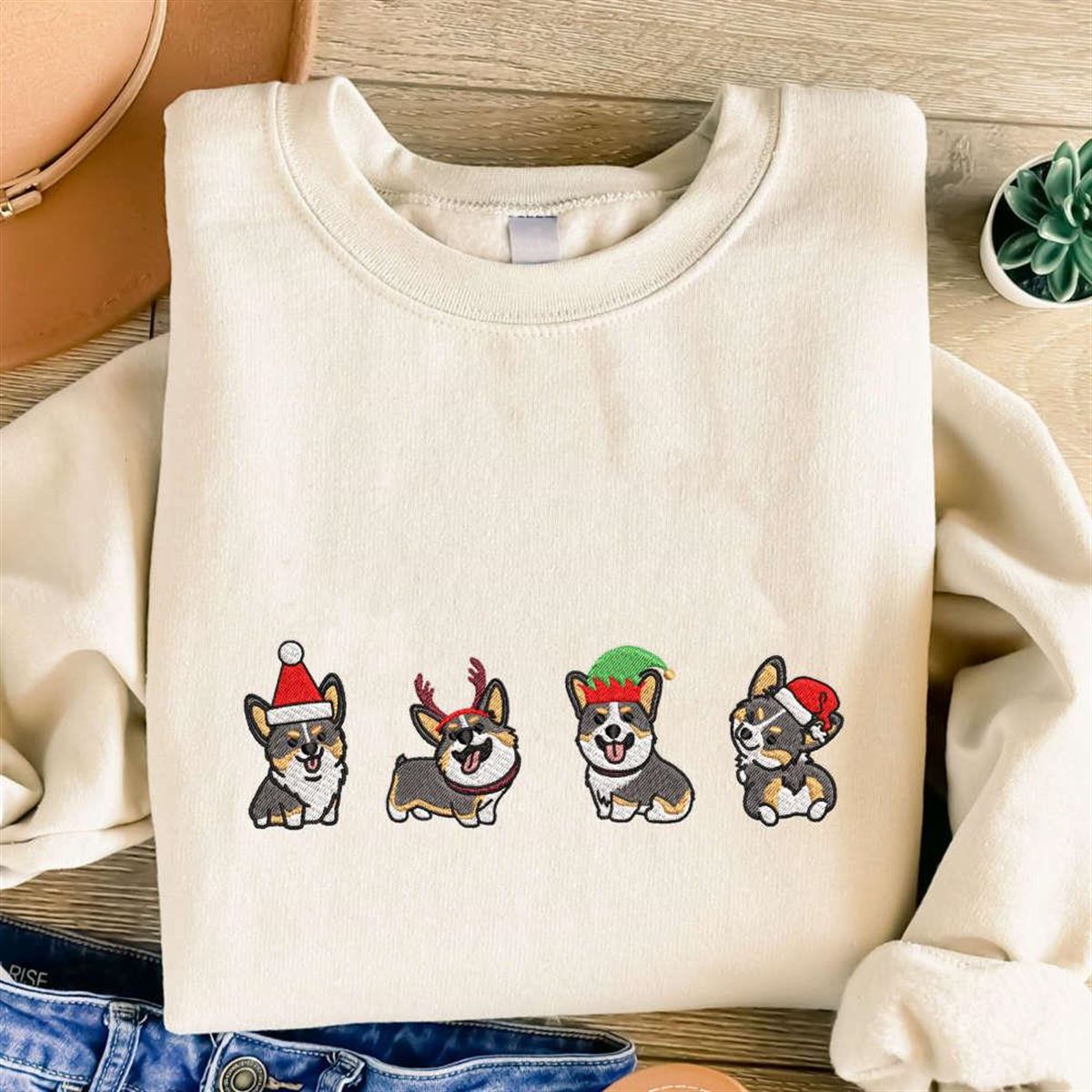 Corgi Christmas Sweatshirt Embroidered Holiday Gift