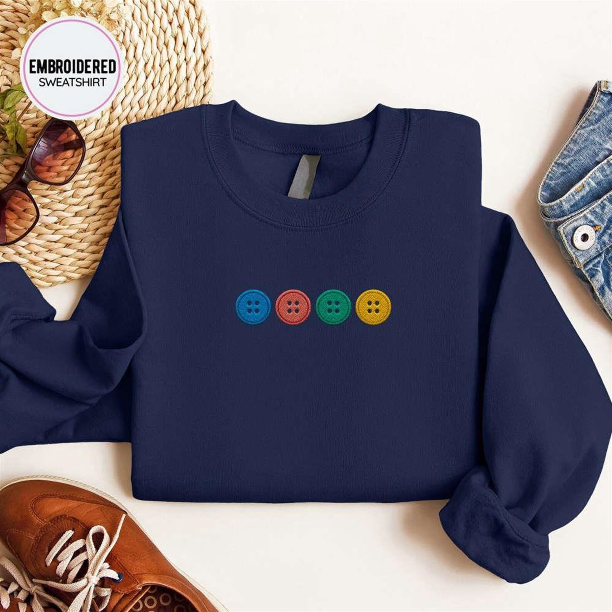 Embroidered Button Crewneck Sweatshirt