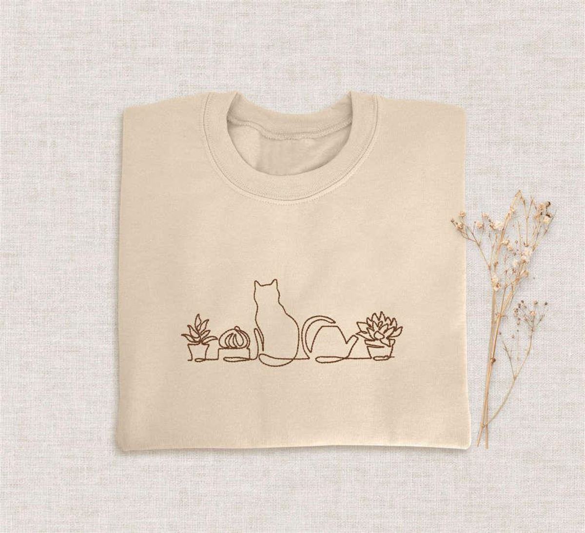 Embroidered Cat And Plants Sweatshirt