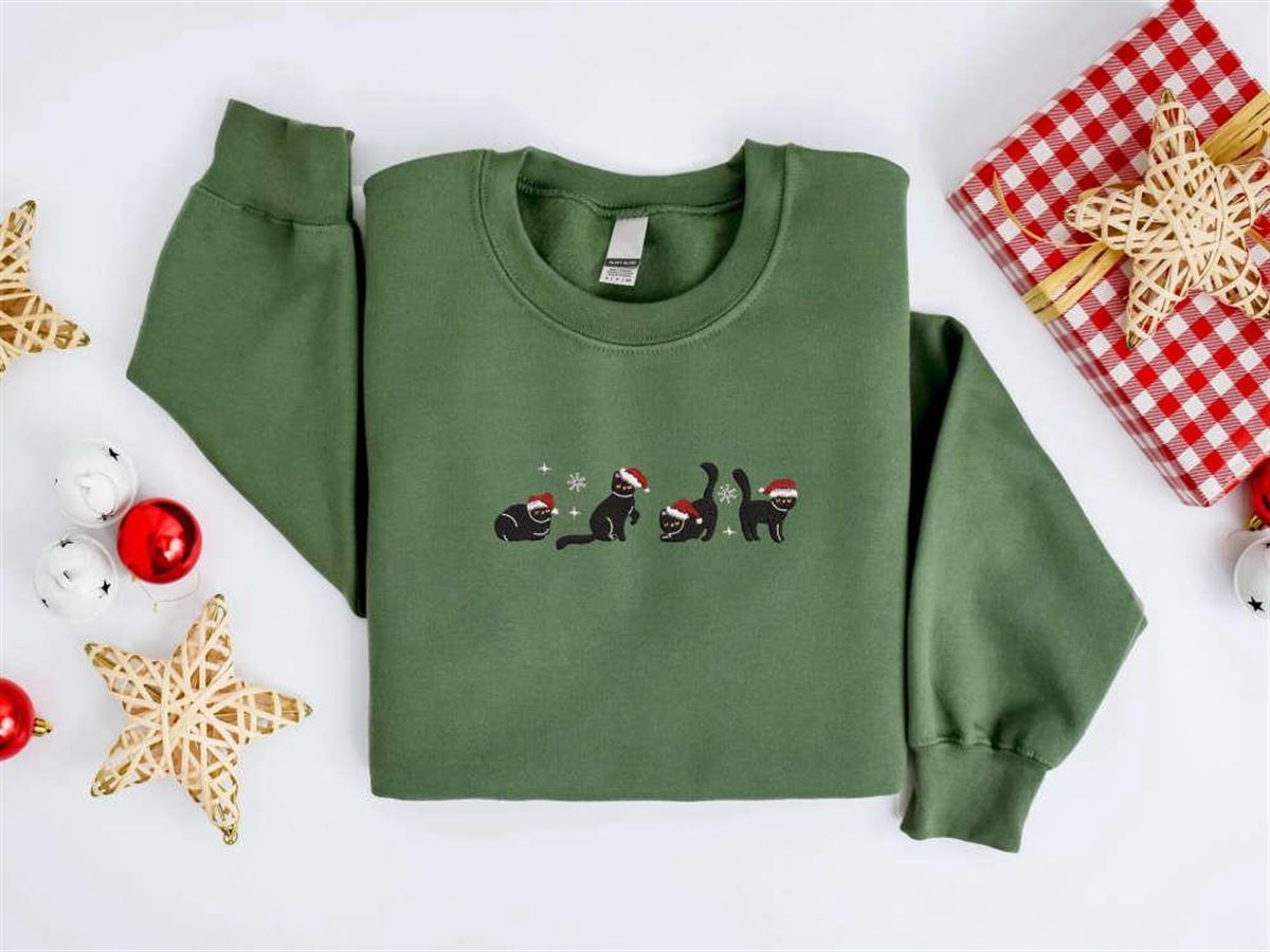 Embroidered Christmas Cat Sweatshirt Black Cat