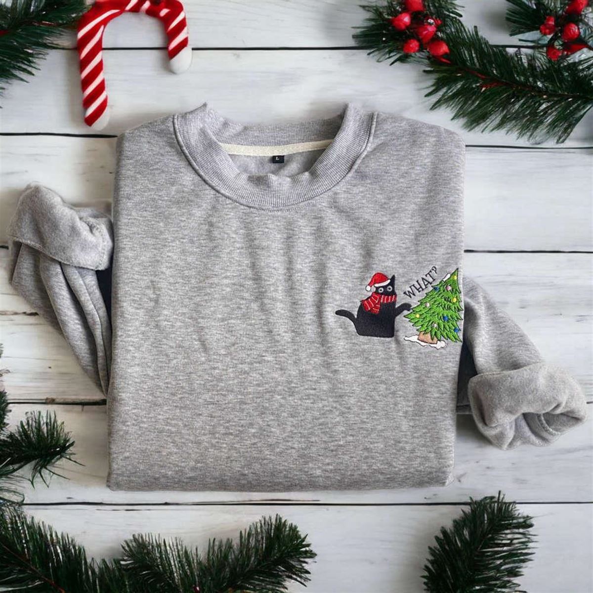 Embroidered Christmas Cat Sweatshirt Black