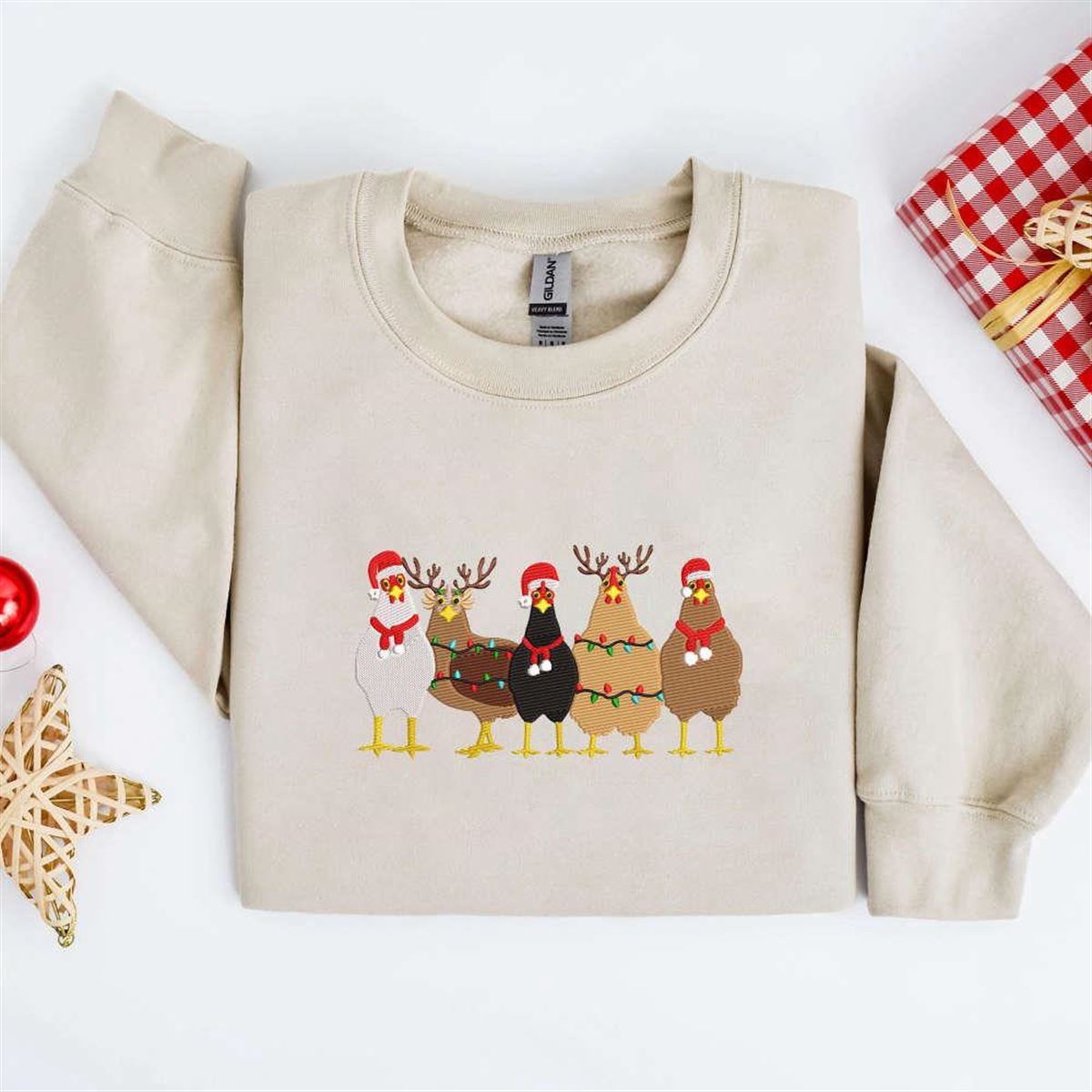 Embroidered Christmas Chickens Sweatshirt