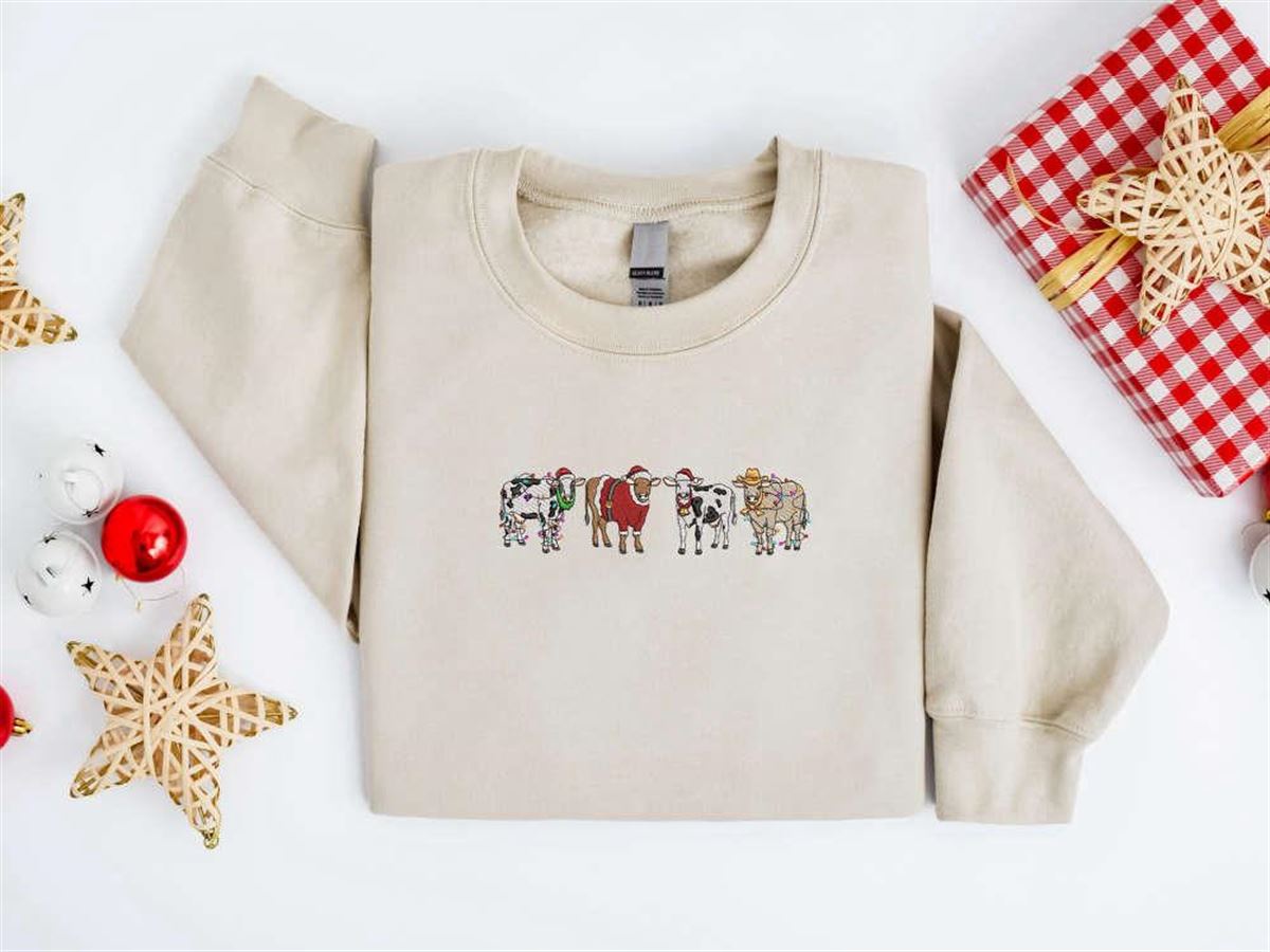 Embroidered Christmas Cow Sweatshirt