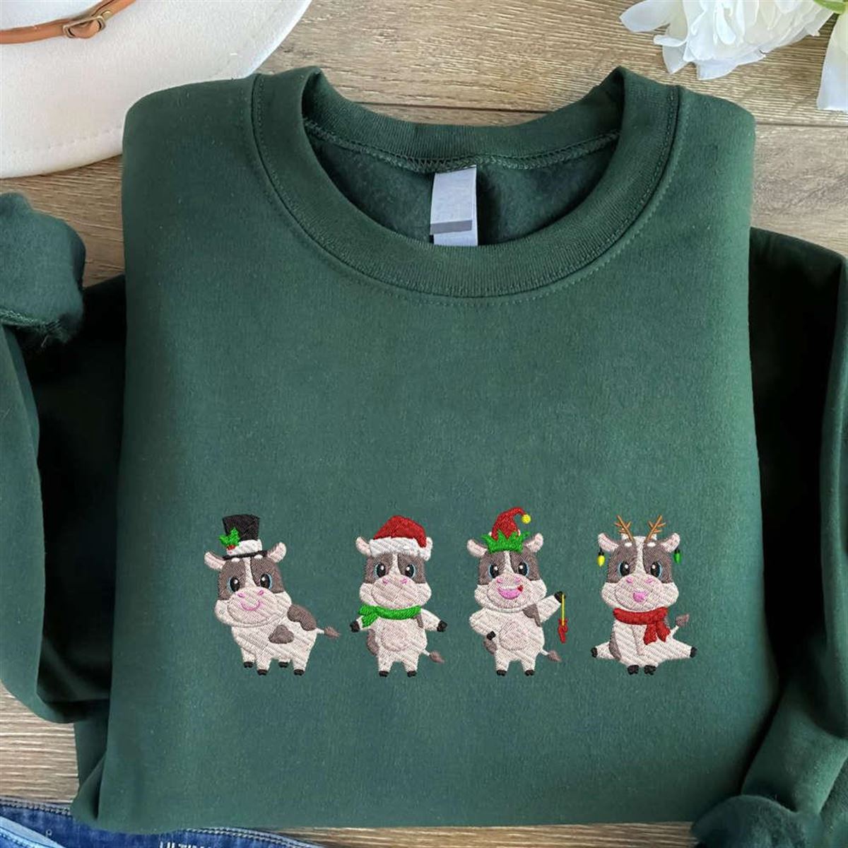 Embroidered Christmas Cows Sweatshirt