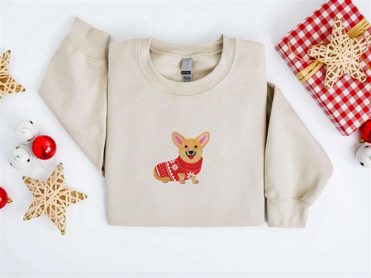 Embroidered Christmas Dog Sweatshirt Corgi