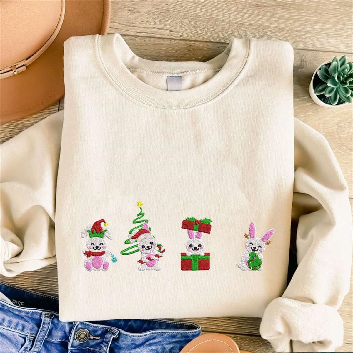 Embroidered Christmas Rabbit Sweatshirt Gift