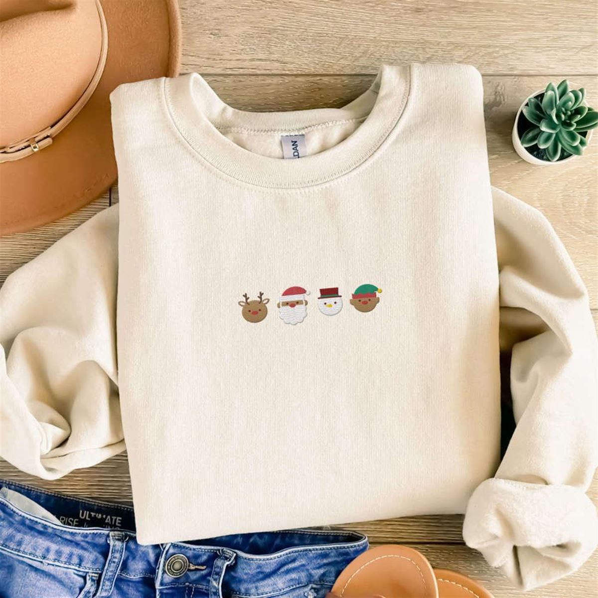 Embroidered Christmas Sweatshirt Santa And Reindeer