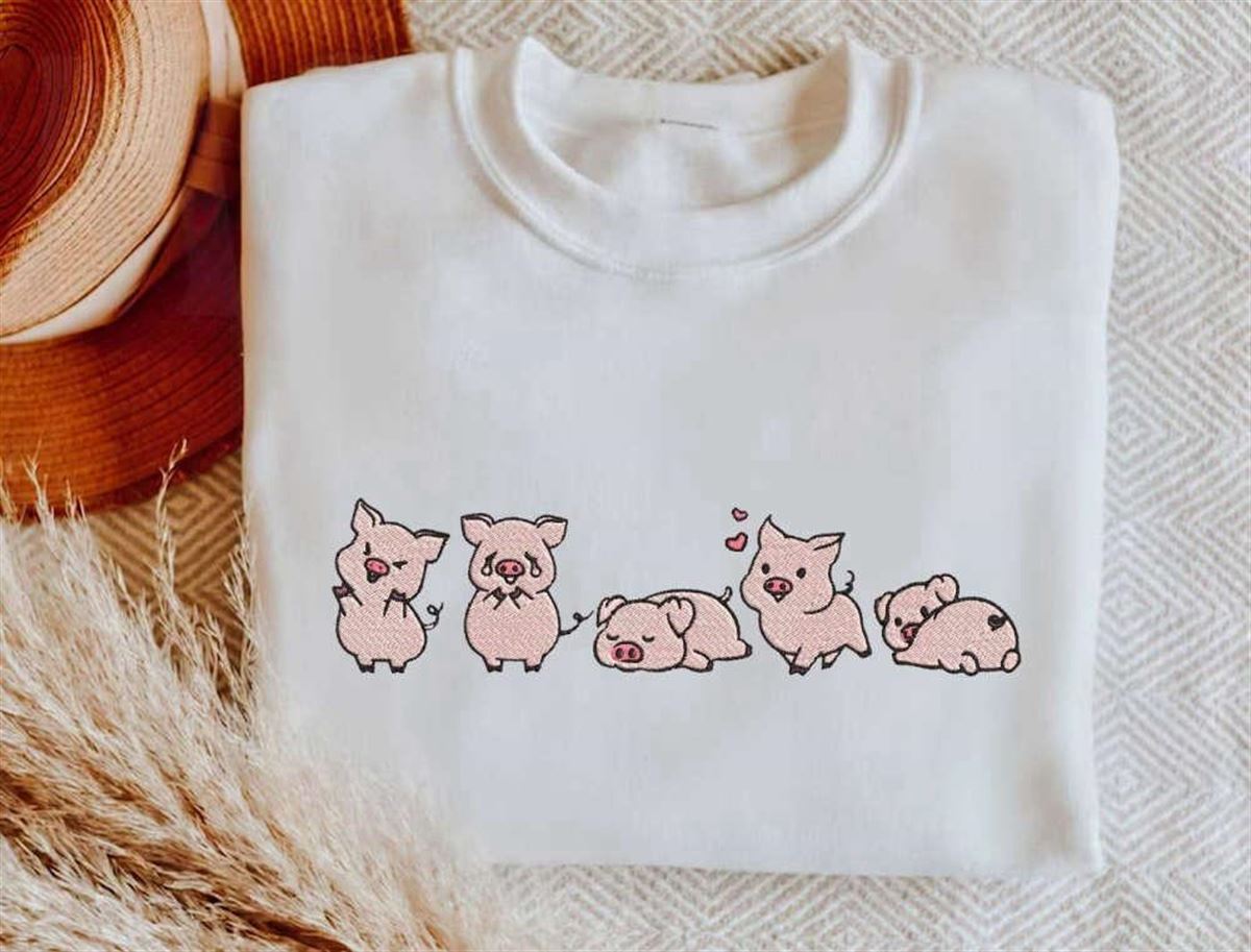 Embroidered Cute Pigs Sweatshirt Pig Lover