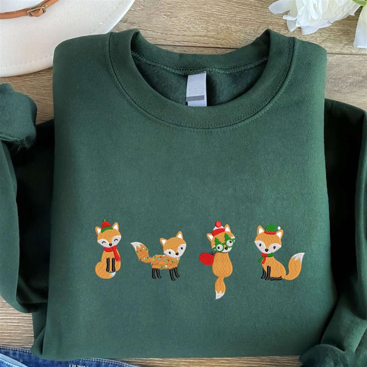 Embroidered Fox Sweatshirt Cute Christmas Design