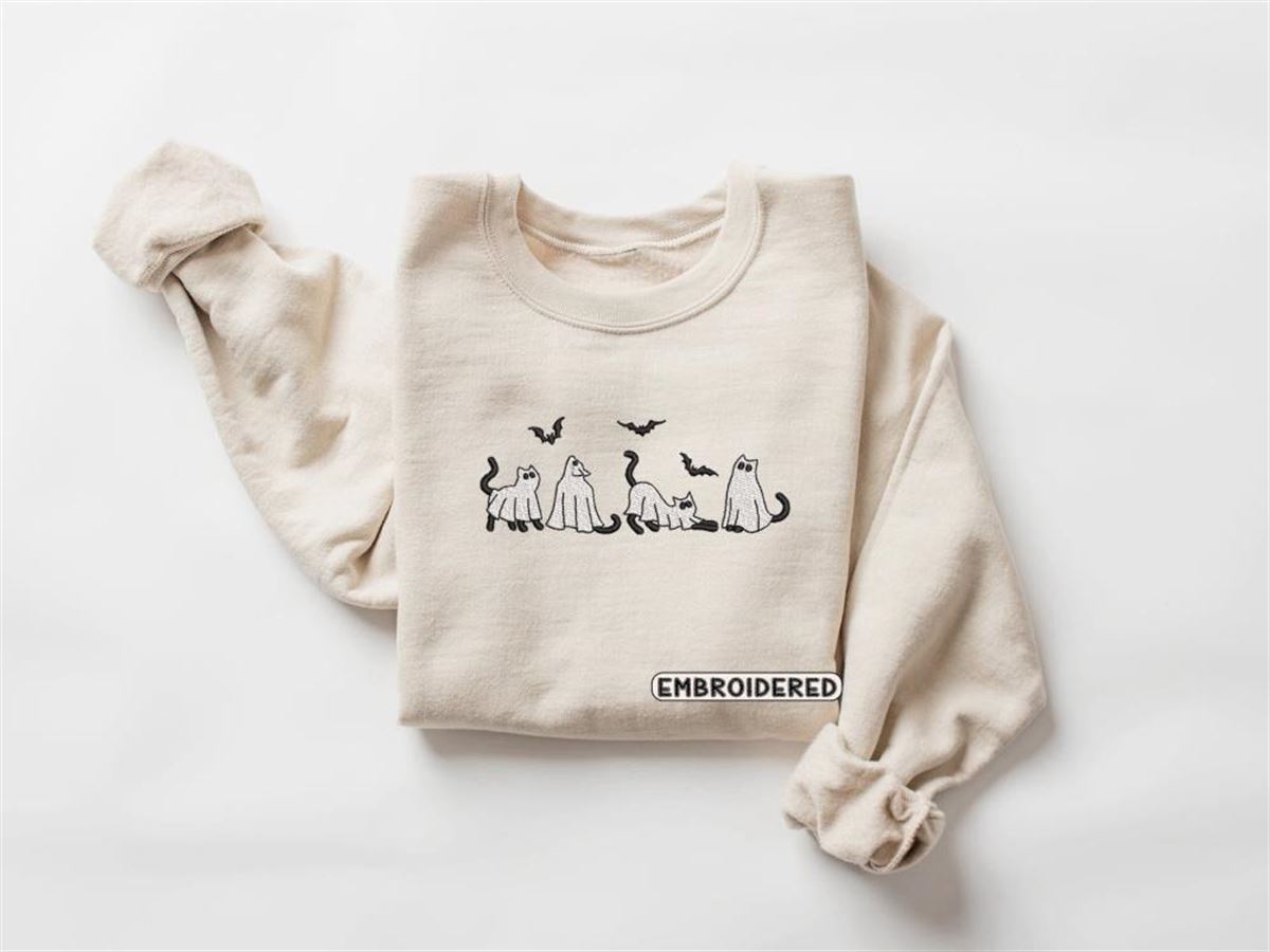 Embroidered Ghost Cats Crewneck Sweatshirt