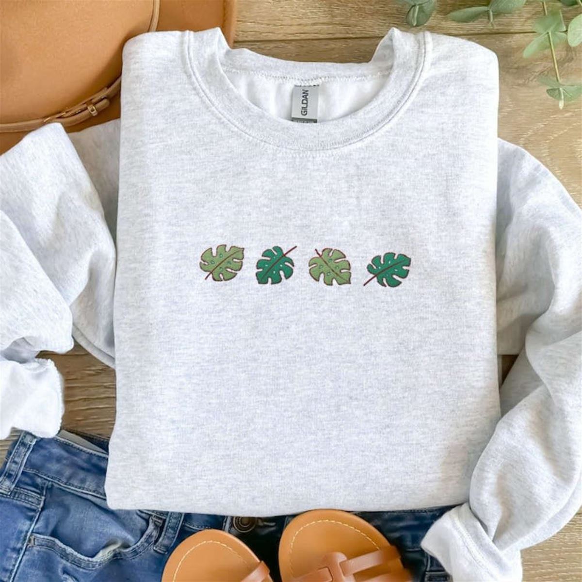 Embroidered Monstera Leaves Crewneck