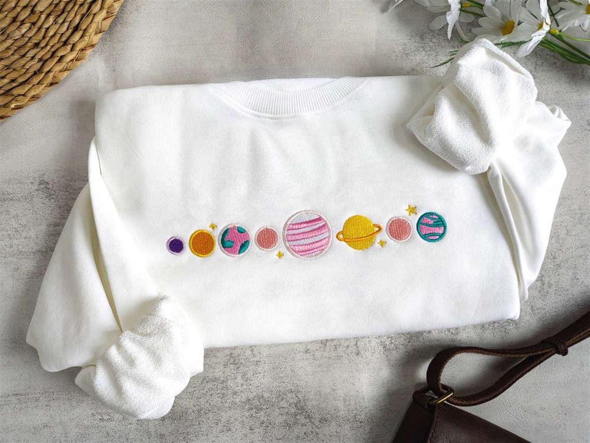 Embroidered Pink Planets Crewneck Sweatshirt