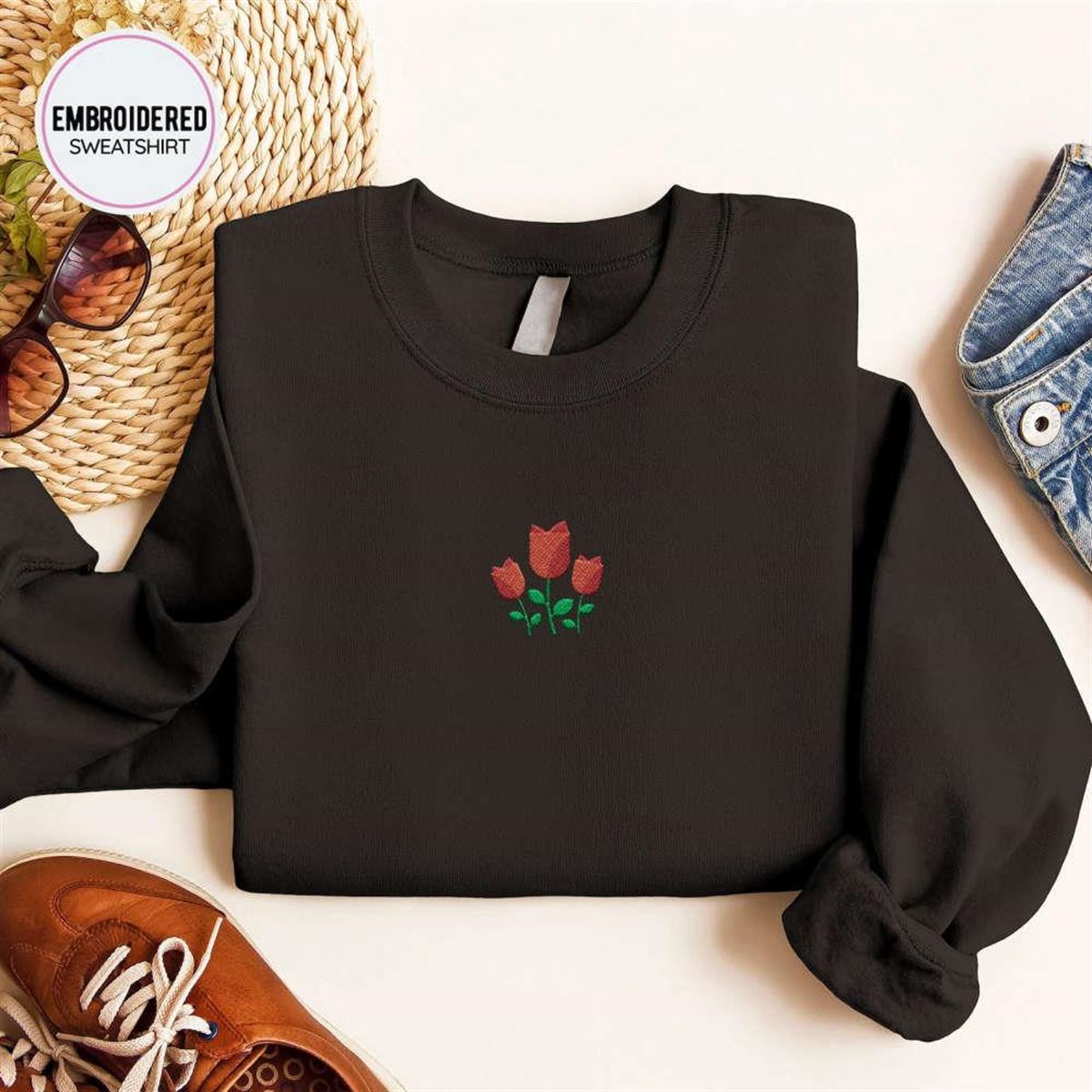 Embroidered Red Flower Crewneck Sweatshirt