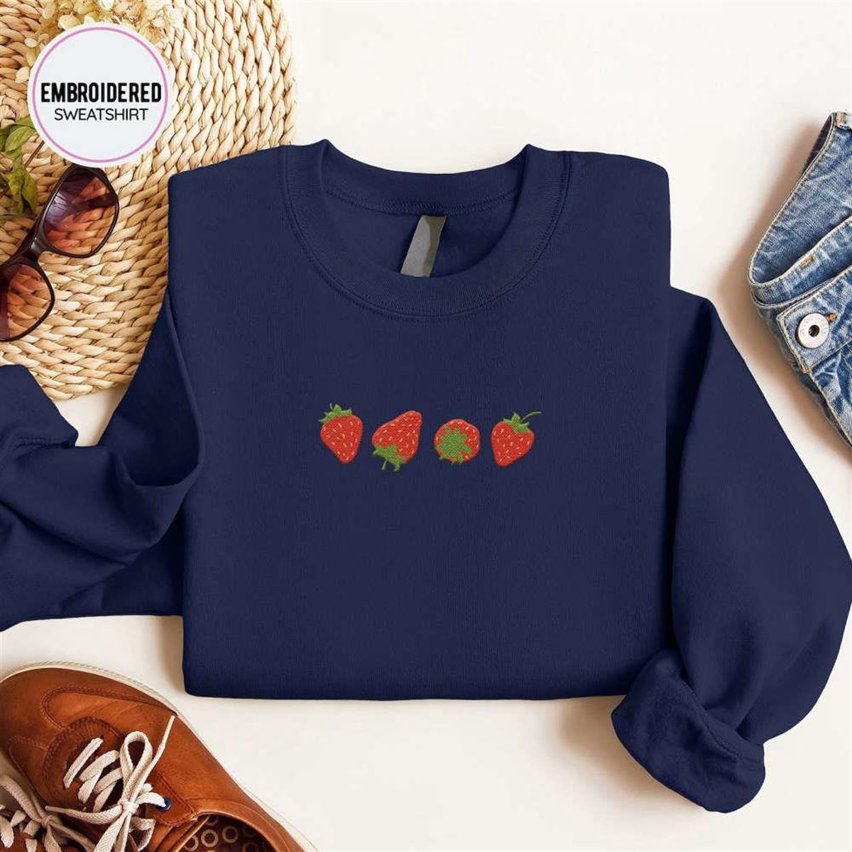 Embroidered Strawberry Crewneck Sweatshirt