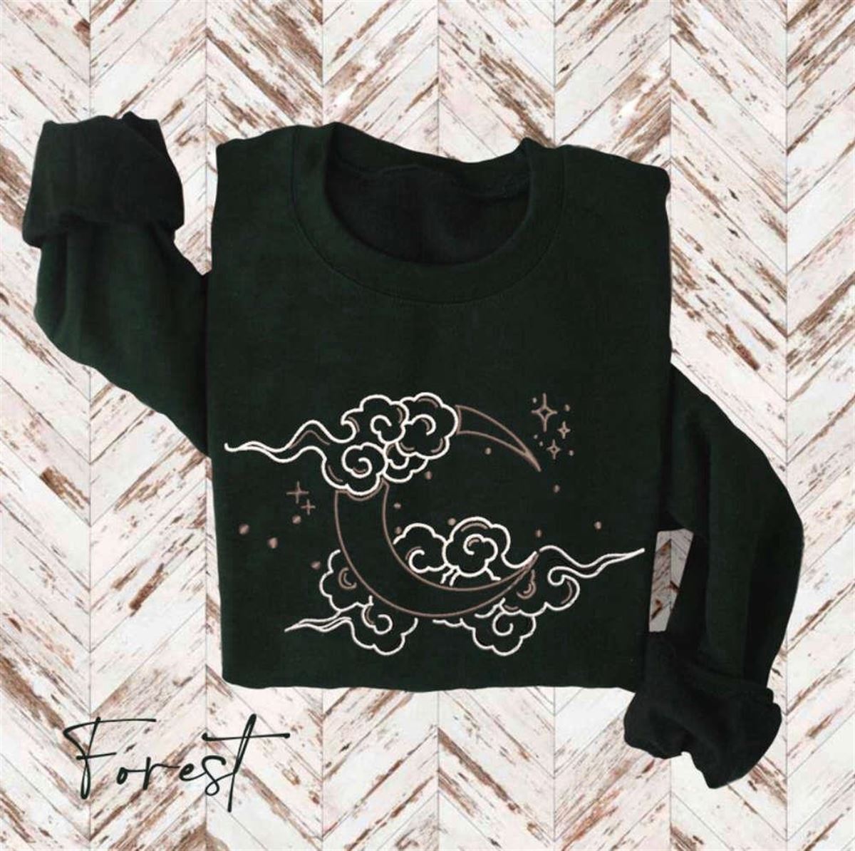 Embroidered Sweatshirt Cloudy Moon Crewneck