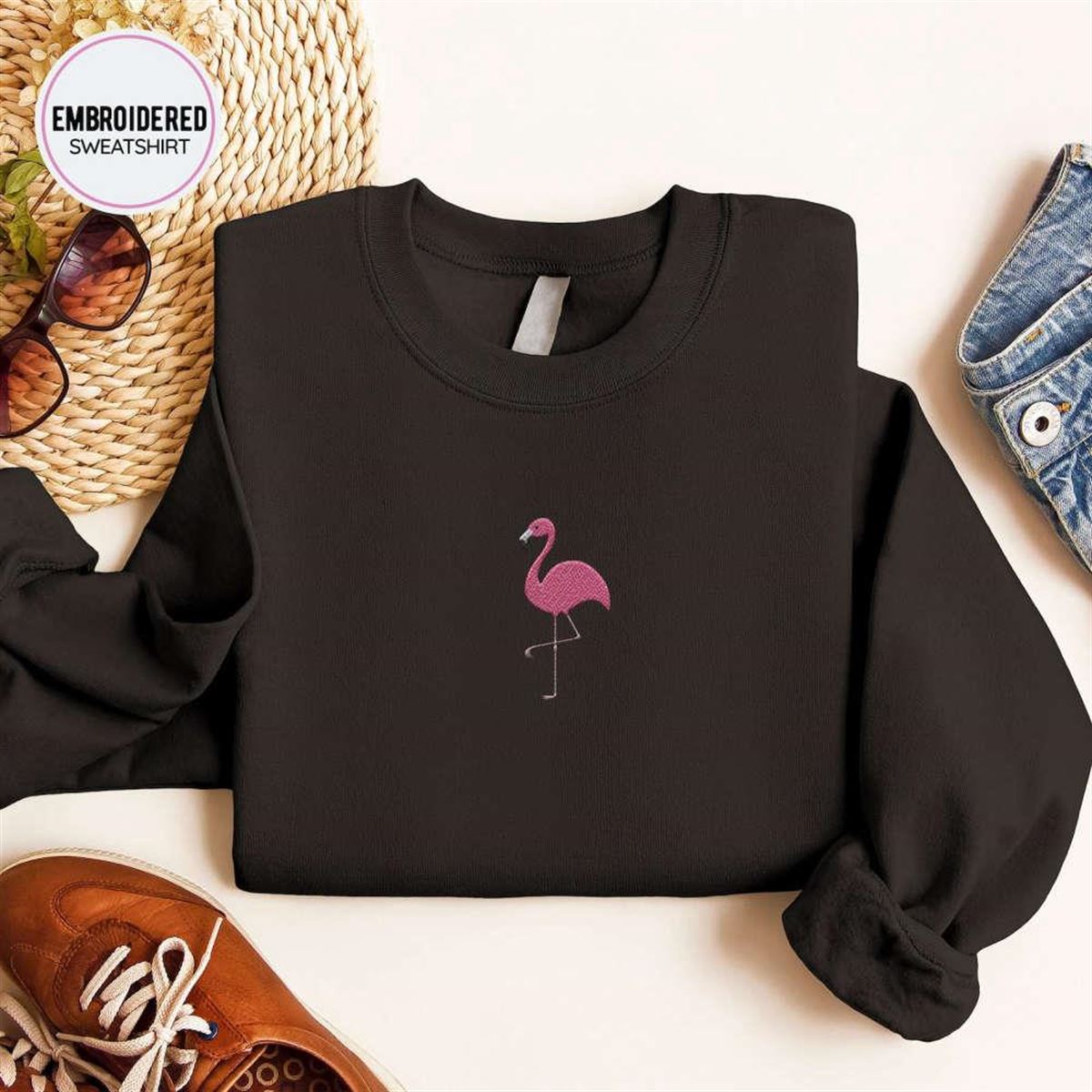 Flamingo Embroidered Crewneck Sweatshirt