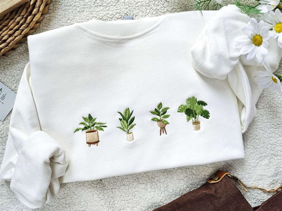 Green Potted Plant Embroidered Sweatshirt