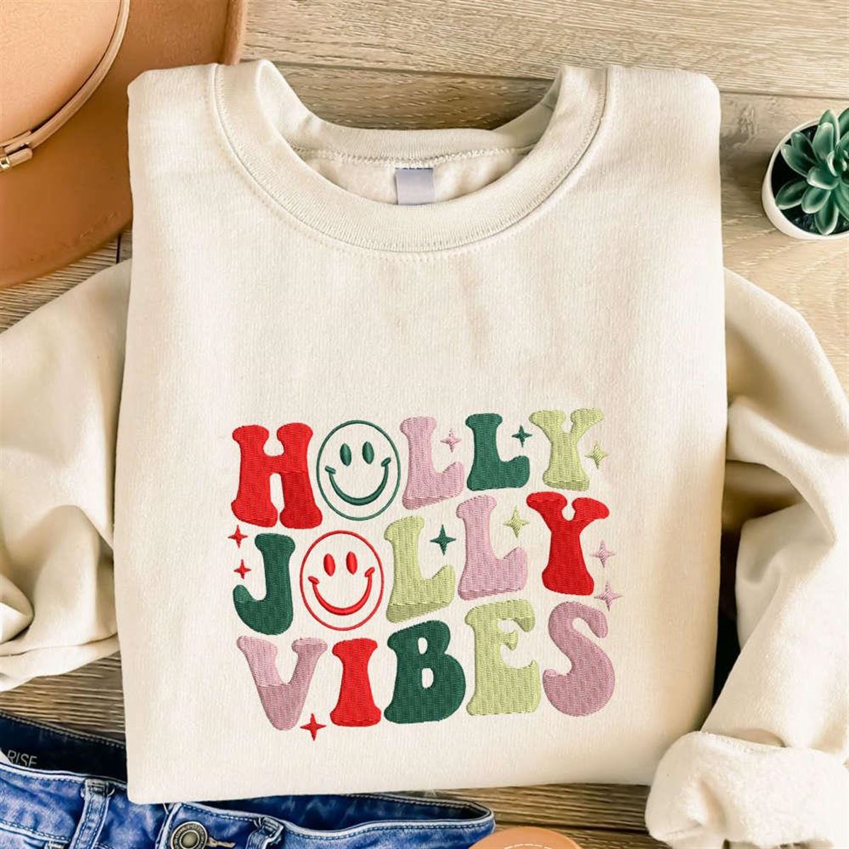 Holly Jolly Vibes Embroidered Christmas Sweatshirt