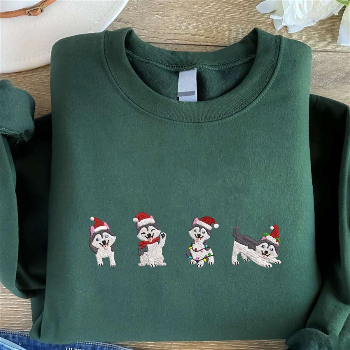 Husky Christmas Embroidered Sweatshirt Dogs Embroidered