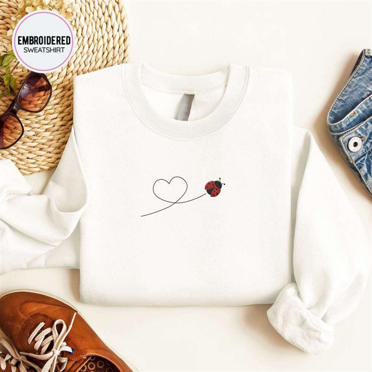 Ladybug Embroidered Crewneck Sweatshirt