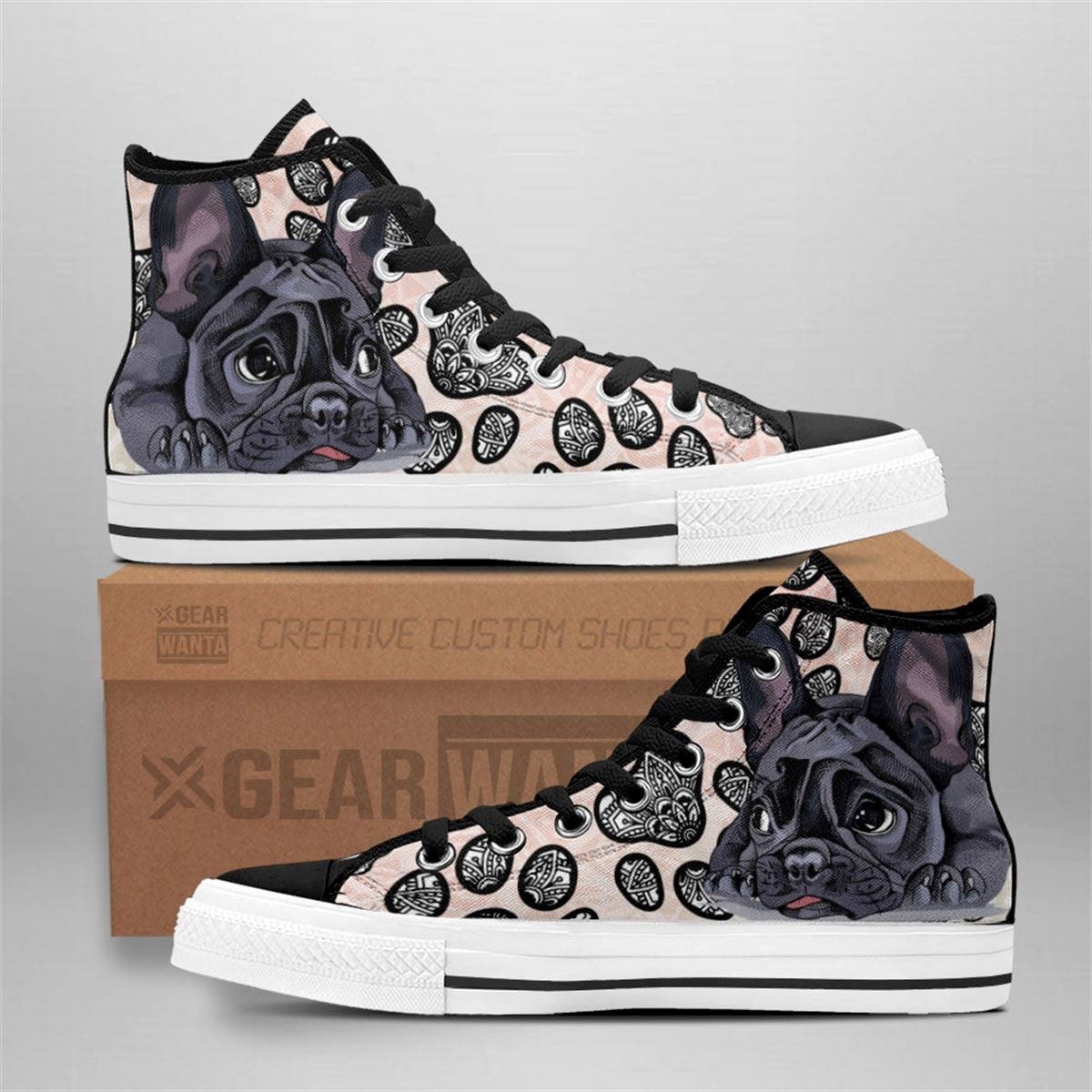 French Bulldog High Tops Black White Mandala