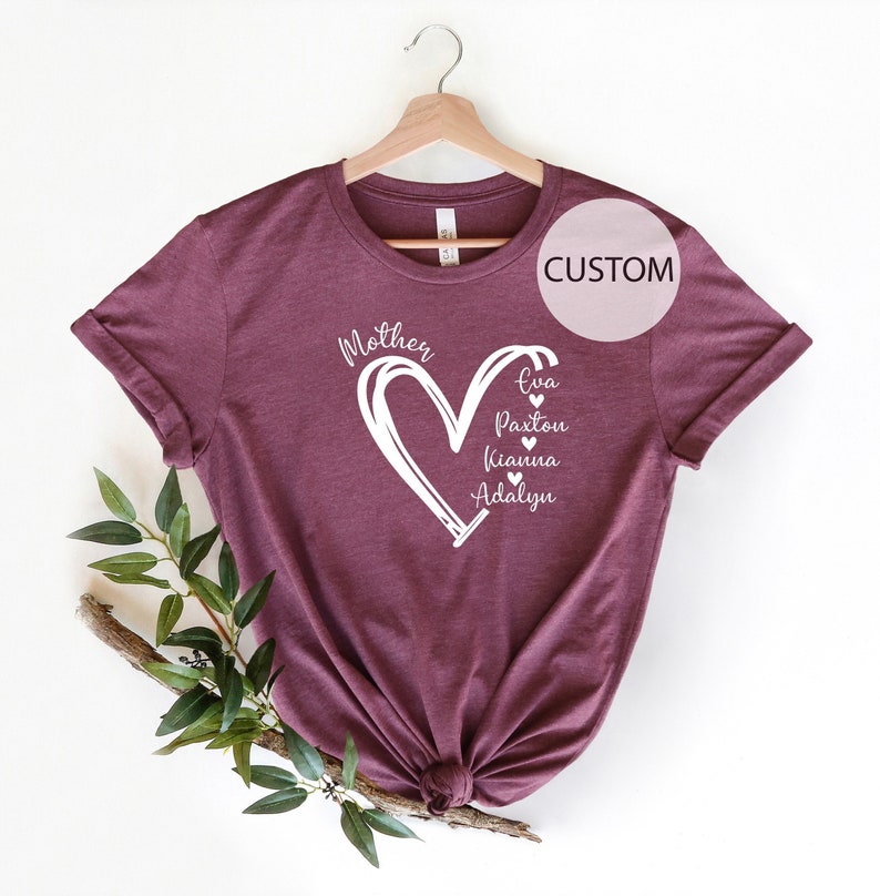 Custom Mom Shirt Personalized Gift with Kids Names, Heart Design