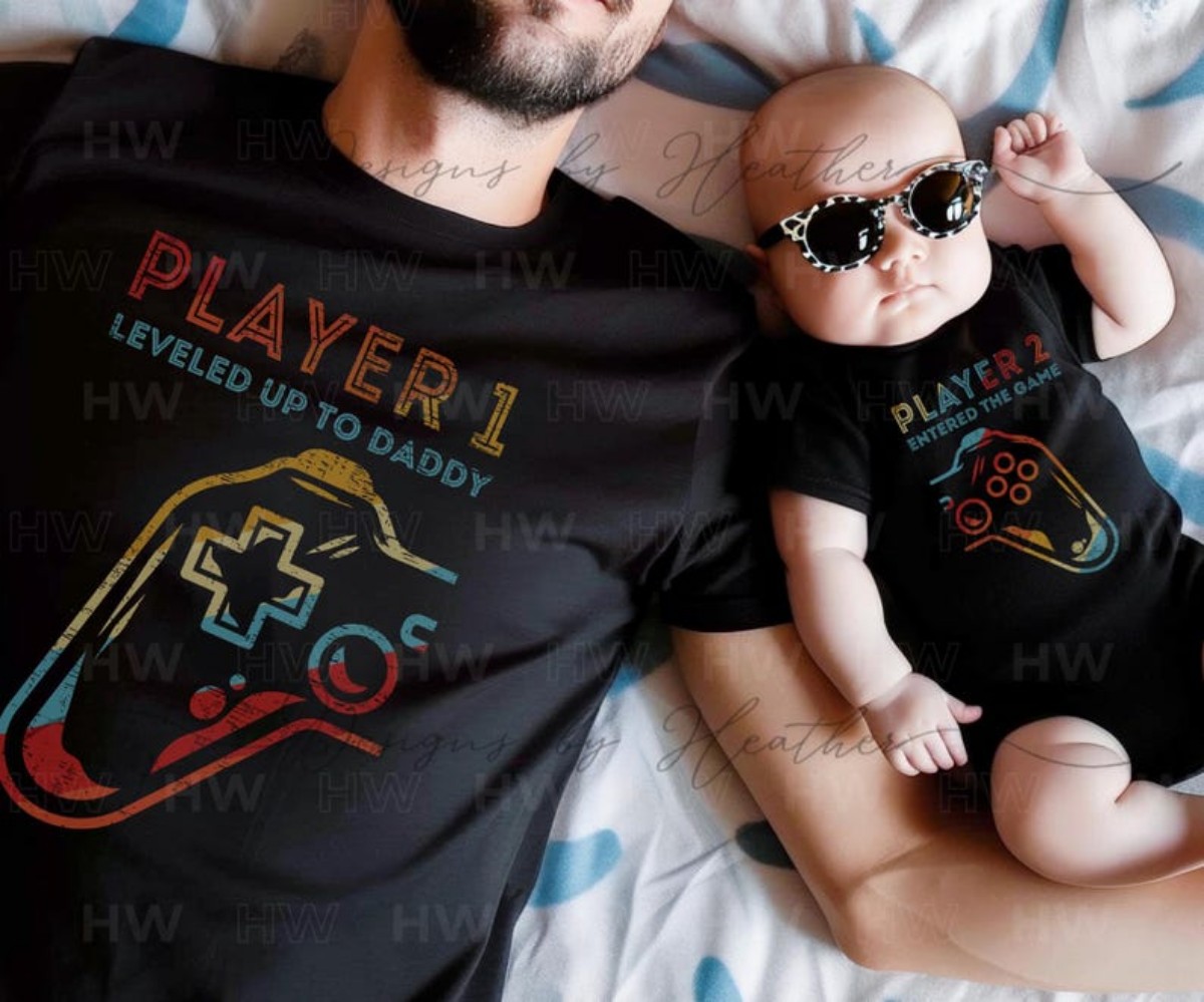 Matching Dad Baby Tees Level Up to Daddy and Game On