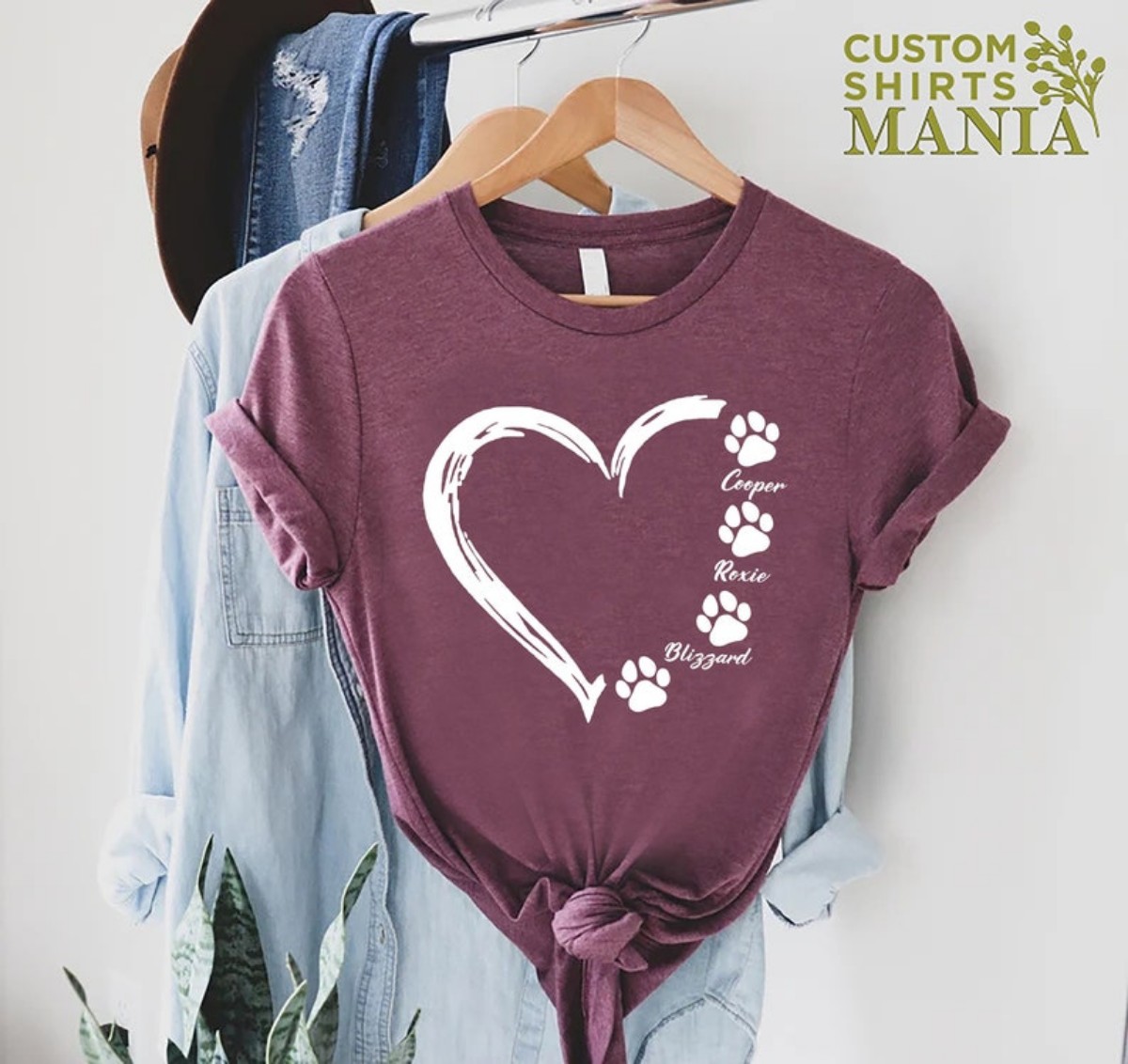 Custom Dog Mom Shirt Paws with Names & Heart Design