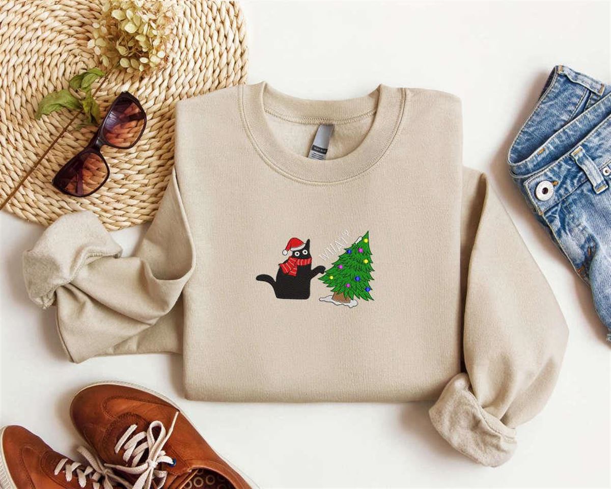 Black Cat Embroidered Christmas Sweatshirt