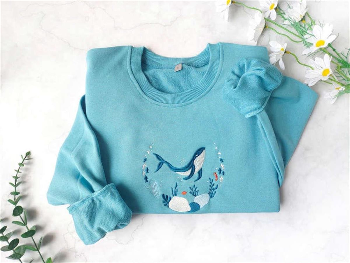 Blue Embroidered Crewneck Sweatshirt Ocean Sweatshirt