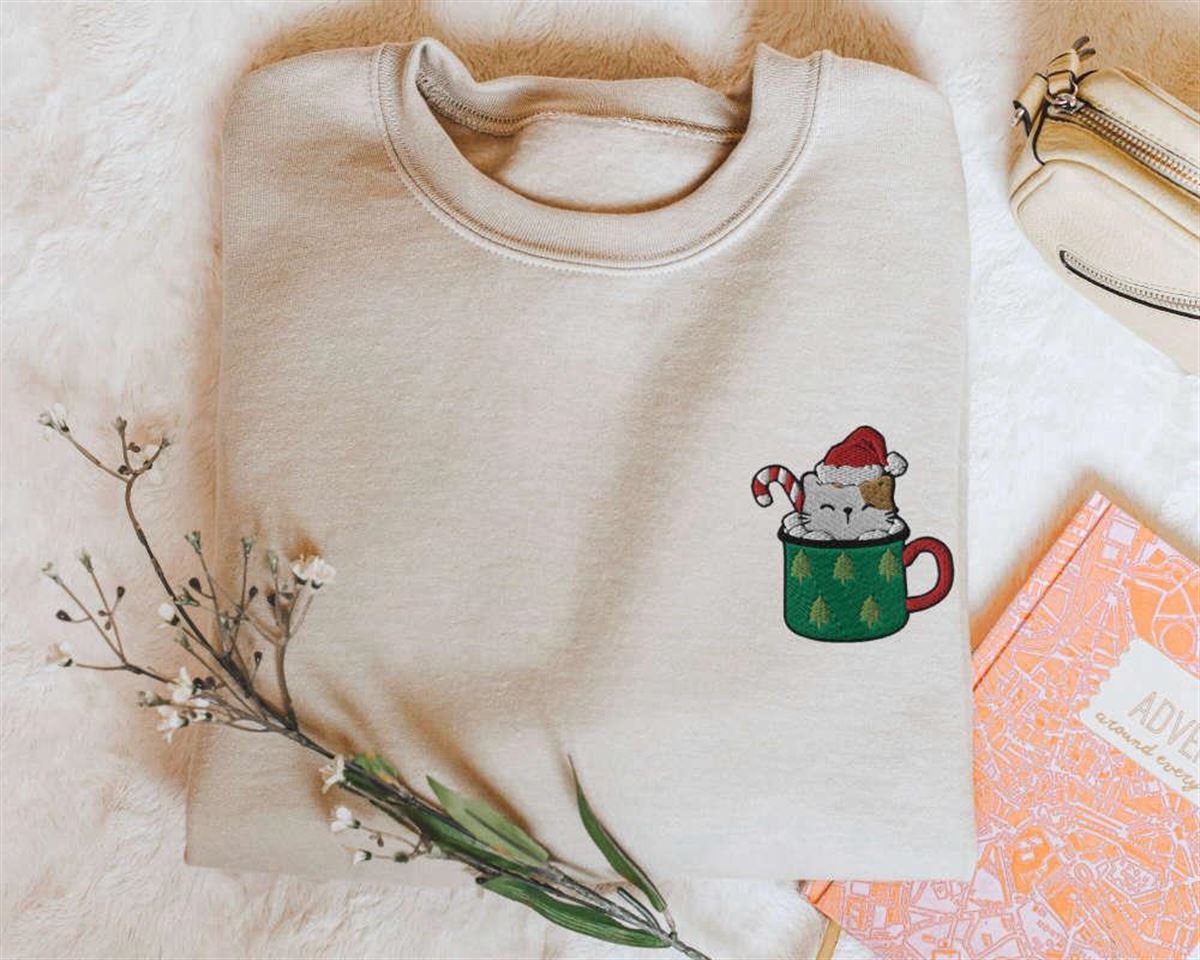 Cat Christmas Sweatshirt With Embroidered Coffee