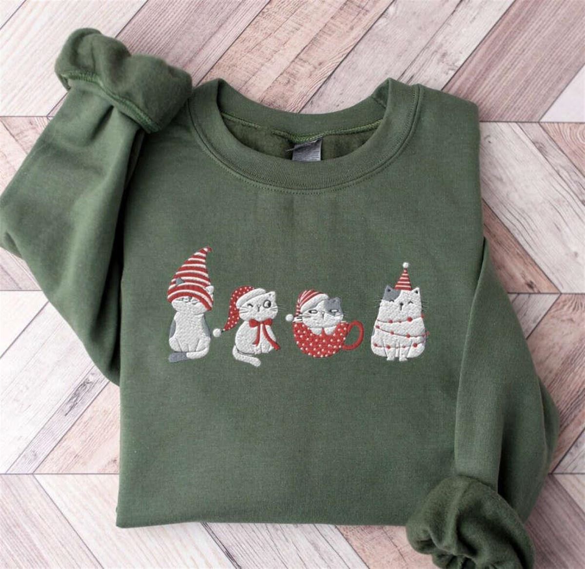 Cat Embroidered Christmas Sweatshirt Meowy Christmas