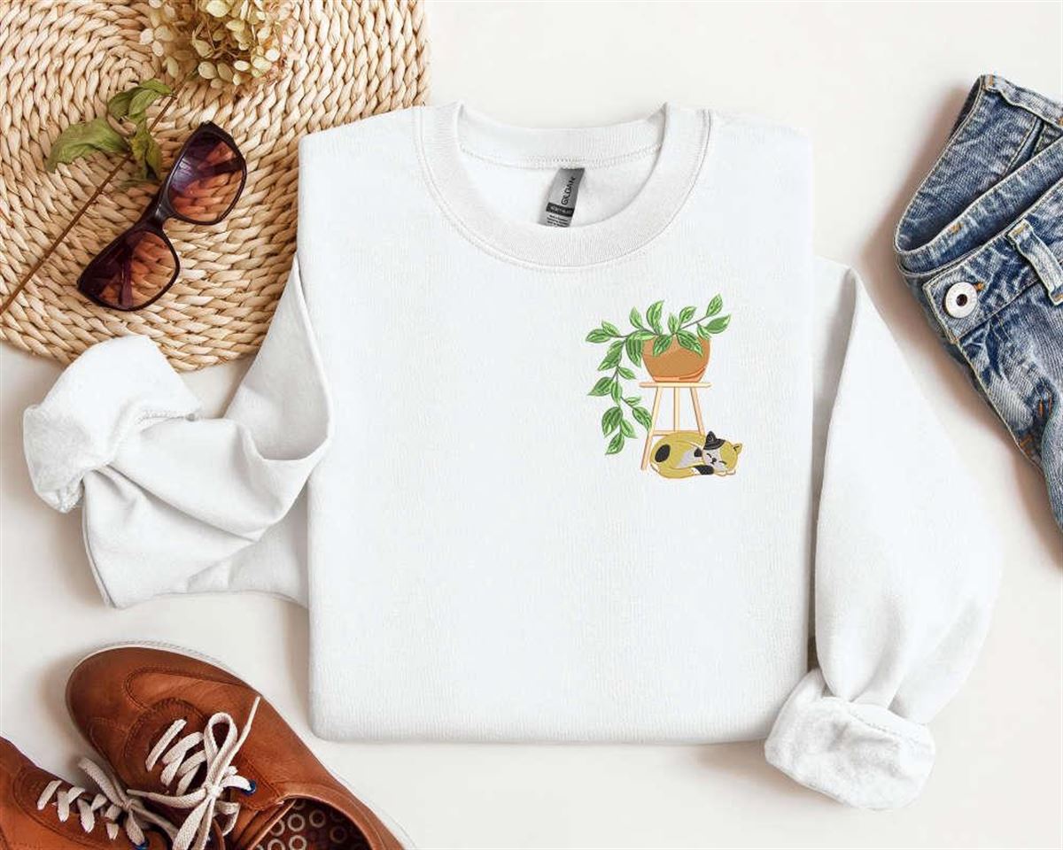 Cat Embroidered Sweatshirt With Plant Pot Design