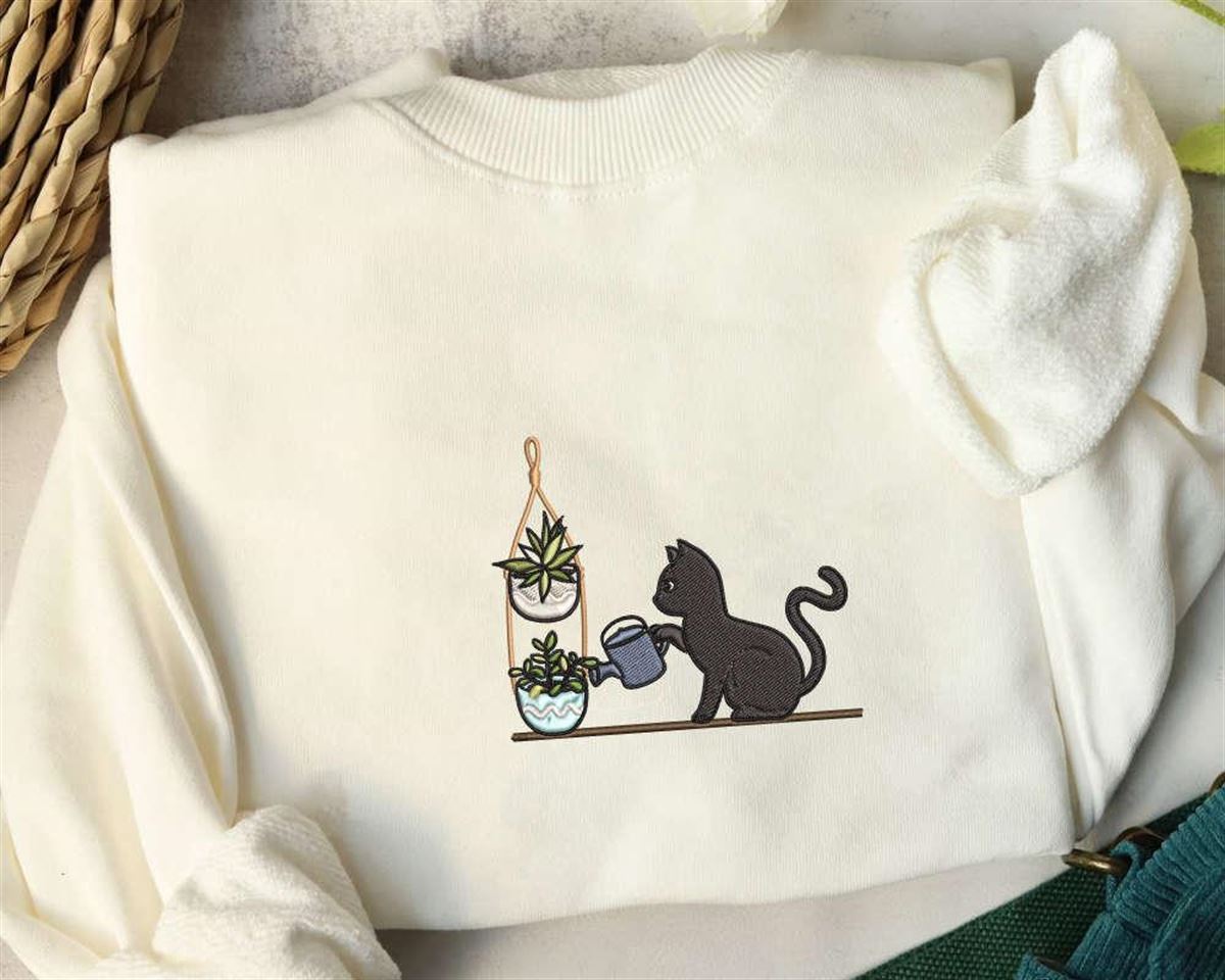 Cat Embroidered Watering Plants Sweater