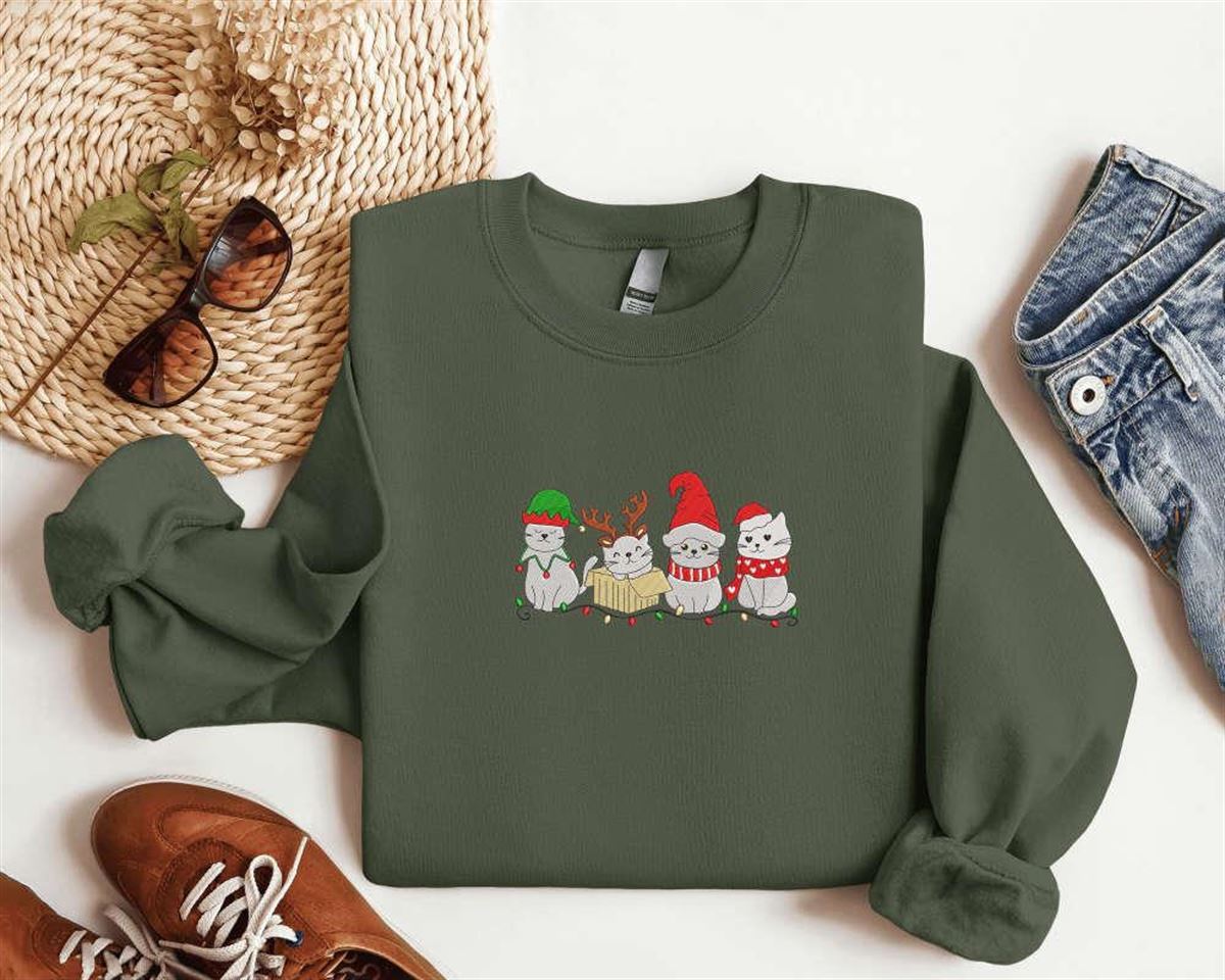 Cat Santa Embroidered Christmas Sweatshirt