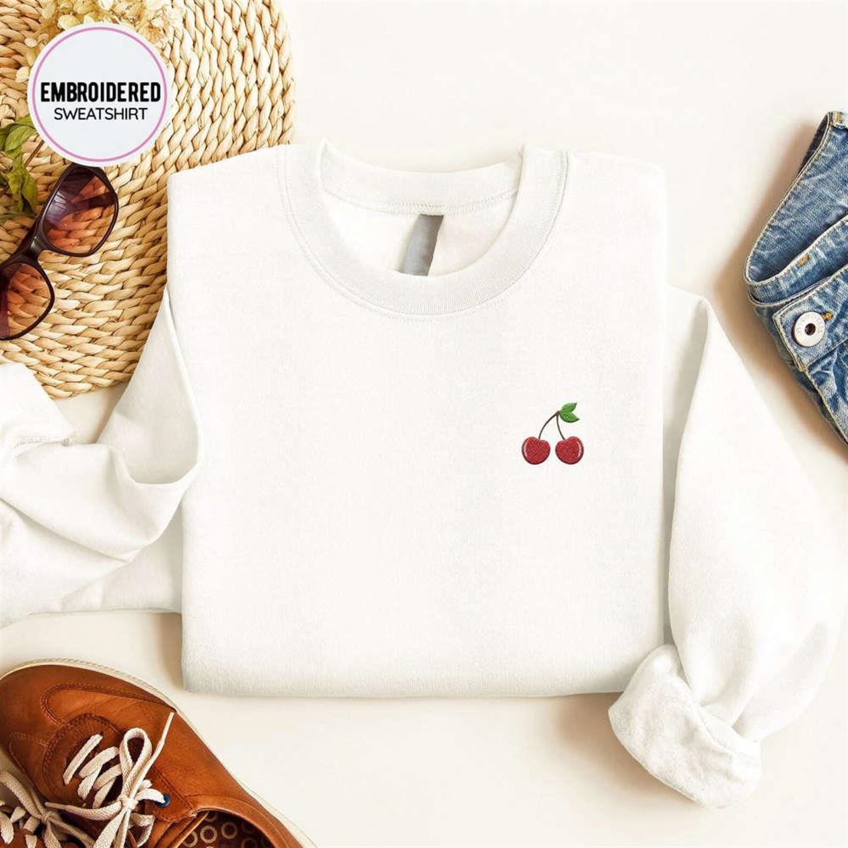 Cherries Embroidered Sweatshirt 2d Crewneck Sweatshirt