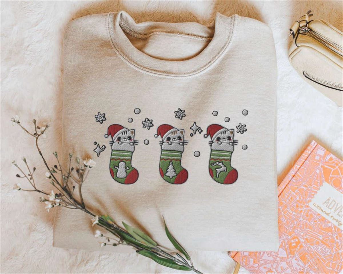 Christmas Cat Embroidered Stocking Sweatshirt