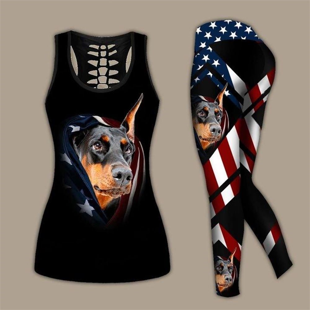 Doberman Dog With American Flag Workout Set Combo Leggings And Hollow Tank Top For Women Gift For Dog Lovers