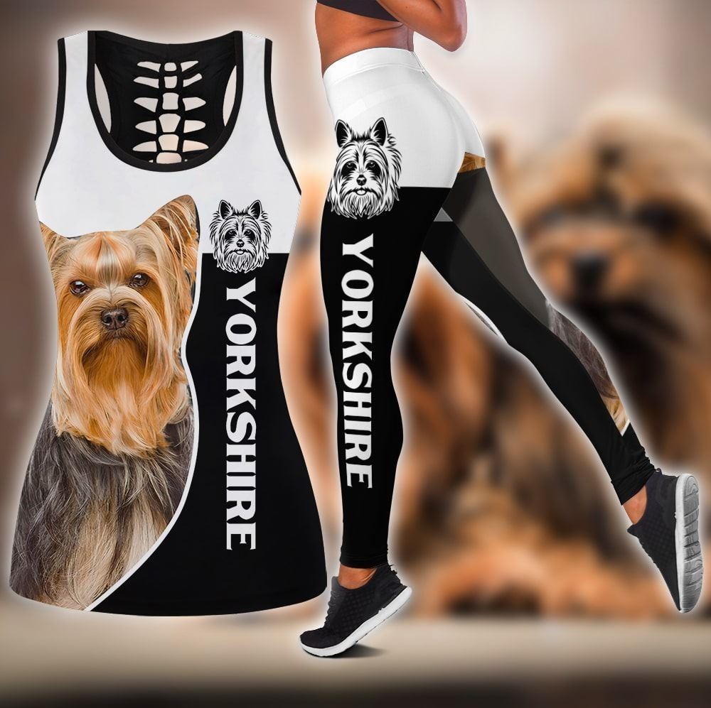 Yorkshire Terrier Workout Set For Women Combo Leggings And Hollow Tank Top Perfect Gift For Dog Lovers