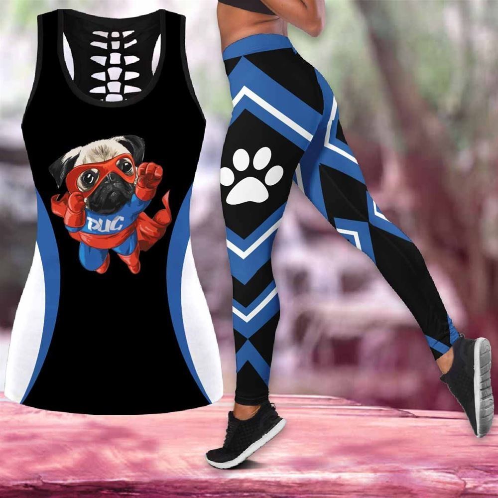 Super Pug Dog Combo Leggings And Hollow Tank Top Workout Set For Women Funny Gift For Dog Lovers