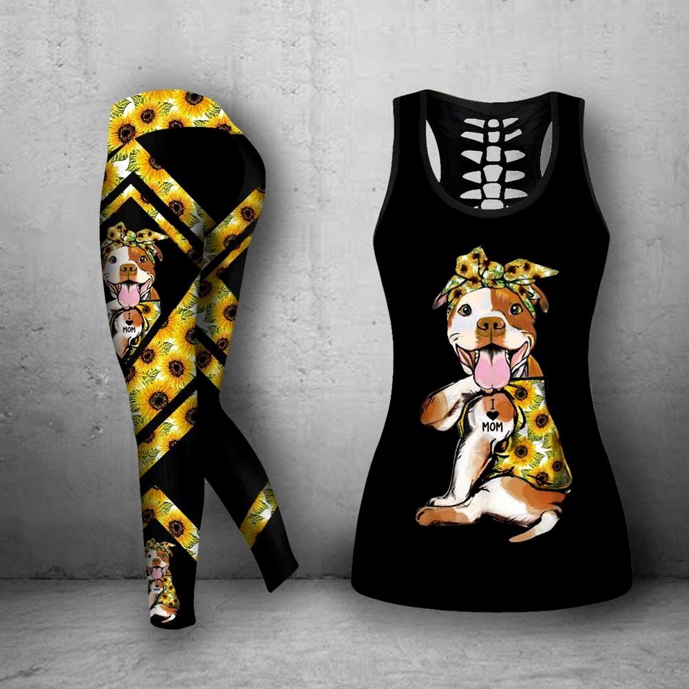 Sunflower Pitbull Combo Leggings And Hollow Tank Top Workout Set For Women Funny Gift For Dog Lovers