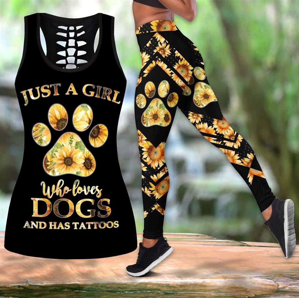 Sunflower Just A Girl Who Loves Dogs And Tattoos Workout Set Combo Leggings And Hollow Tank Top For Women